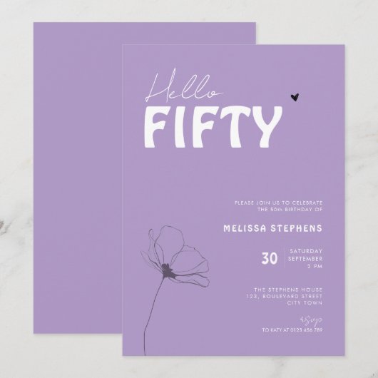 Bold Typography Purple White Elegant 50th Birthday 招待状 (正面/裏面)