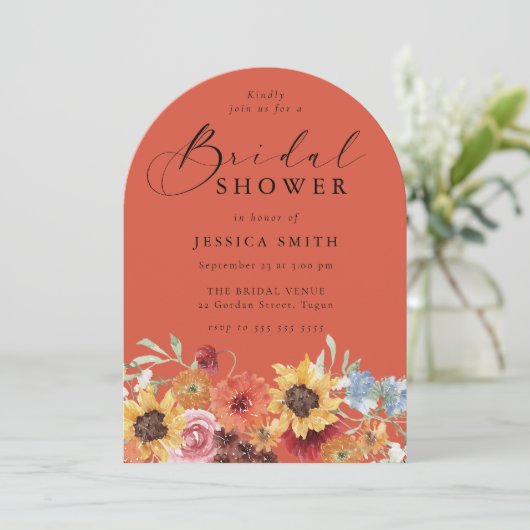 Bold Vibrant Floral Modern Arch Bridal Shower  招待状 (スタンド正面)