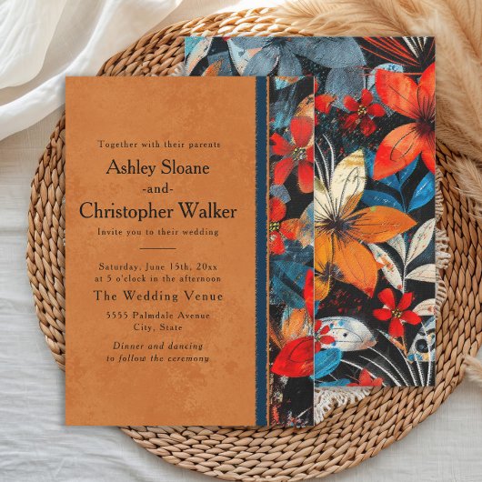 Bold Vibrant Orange Teal Red Flowers 招待状