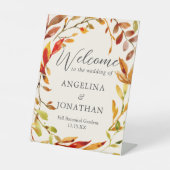 Bold Watercolor Autumn Leaves Wedding Welcome 台座サイン (正面)