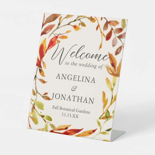 Bold Watercolor Autumn Leaves Wedding Welcome 台座サイン (正面)