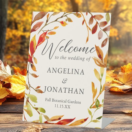 Bold Watercolor Autumn Leaves Wedding Welcome 台座サイン