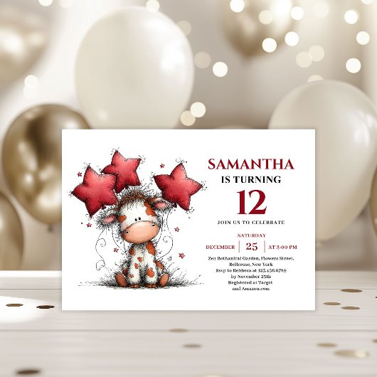 Bold whimsical animals cow kids birthday invite 招待状