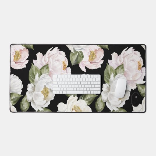 Bold White & Pink Peony Floral Pattern Monogram デスクマット (キーボード&マウス)
