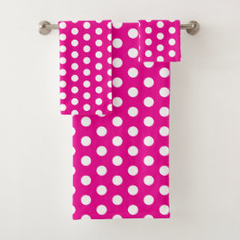 Bold White Polka Dots on Hot Pink バスタオルセット