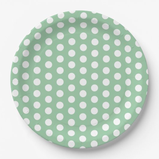 Bold White Polka Dots on Sage Green  ペーパープレート (正面)