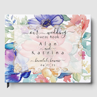 Bold Wildflower Garden Blue Pink Peach Floral  Gu ゲストブック