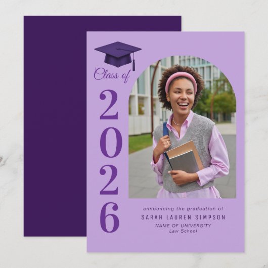 Bold year purple graduation photo announcement 招待状 (正面/裏面)