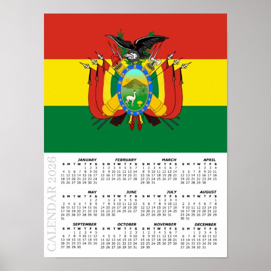 Bolivia 2026 Calendar, Large, Bolivian Flag ポスター (正面)