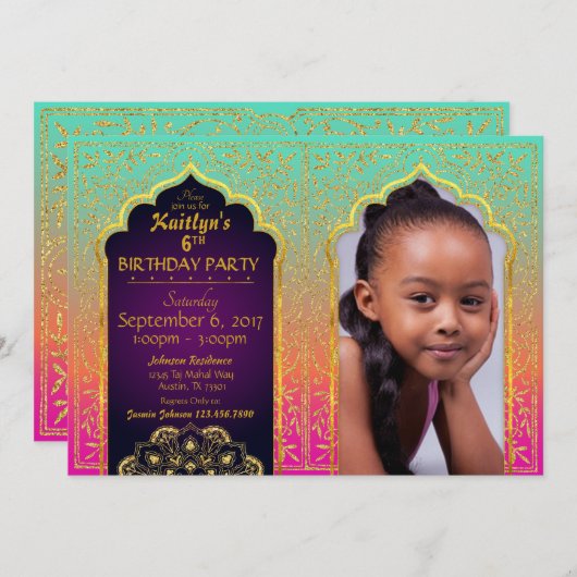 Bollywoodのアラビアンナイトの誕生日の招待状カード 招待状 (正面/裏面)