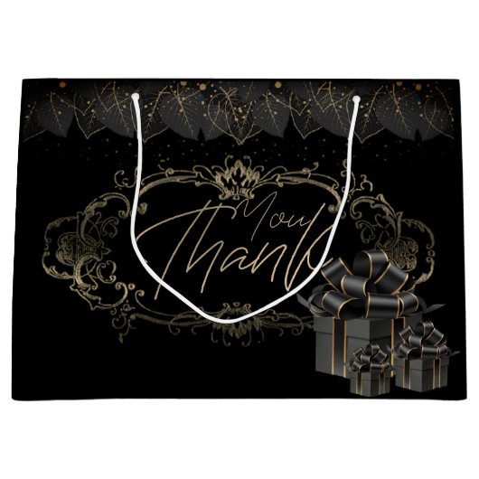 Bolsa de regalo negra elegante con agradecimiento ラージペーパーバッグ (正面)