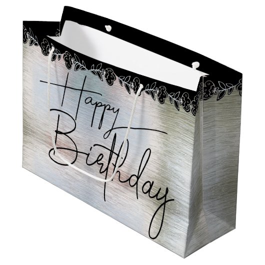 Bolsa de regalo plateada con flores para cumple ラージペーパーバッグ (正面アングル)