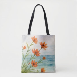 Bolsa flores rojas en la playa  トートバッグ