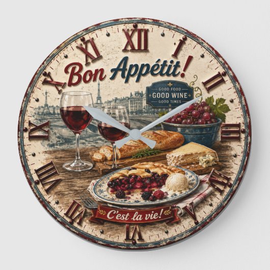 Bon Appétit French Paris Wine & Cheese Rustic Café ラージ壁時計 (正面)