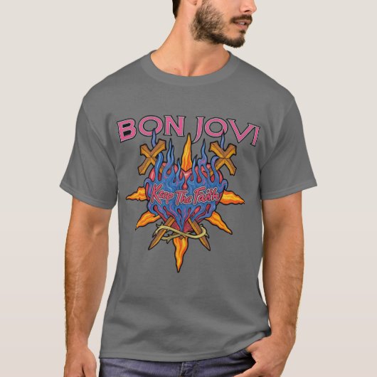 Bon Jovi Keephe Faith Flaming Heart Design friends Tシャツ (正面)