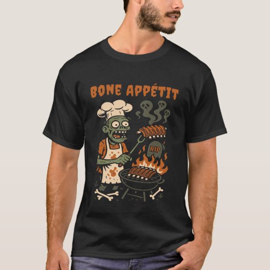 Bone Appétit – Zombie BBQ Chef Skeleton Grill Humo Tシャツ (正面)
