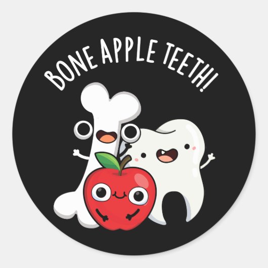 Bone Apple Teeth Funny Bona Appetit Pun Dark BG ラウンドシール (正面)