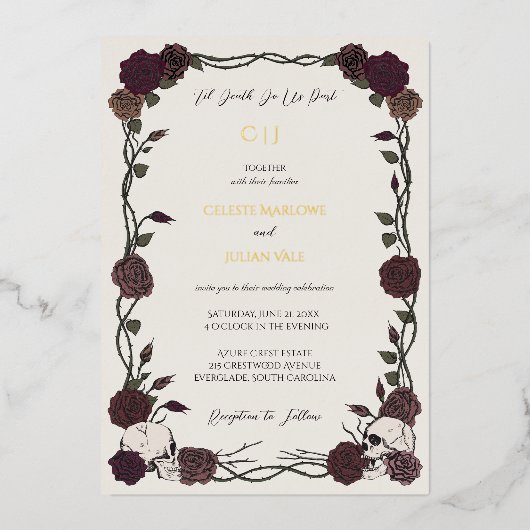 Bone White Gothic Roses Gold Foil Wedding 箔招待状 (正面)