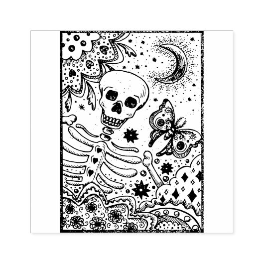 BONES IN THE GARDEN SKELETON、フォークアートムーンモス ラバースタンプ (インプリント)