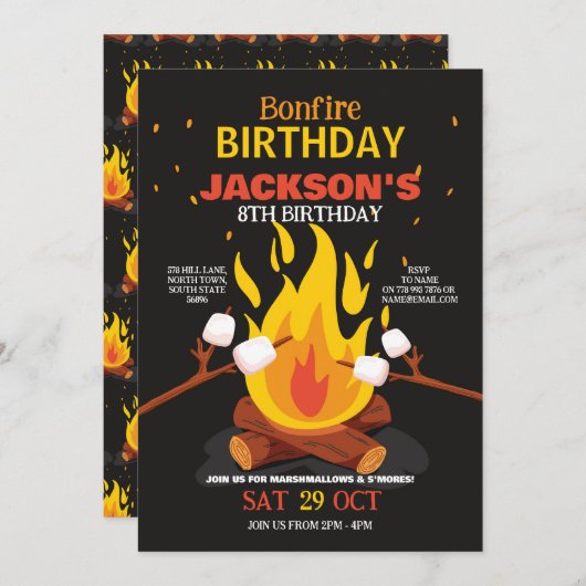 Bonfire Birthday Backyard S'Mores Marshmellow 招待状 (正面/裏面)