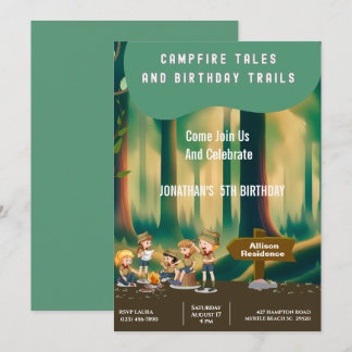 Bonfire Woodland camping outdoor birthday party 招待状