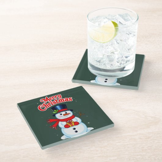 Bonhomme de neige chapeau haut-de-forme noël ガラスコースター (アングル)