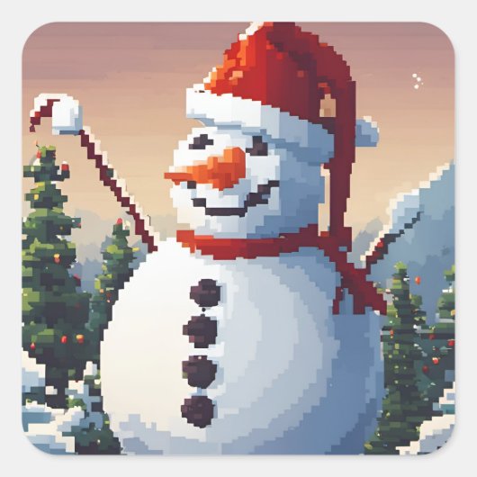 Bonhomme de neige en pixel art スクエアシール (正面)