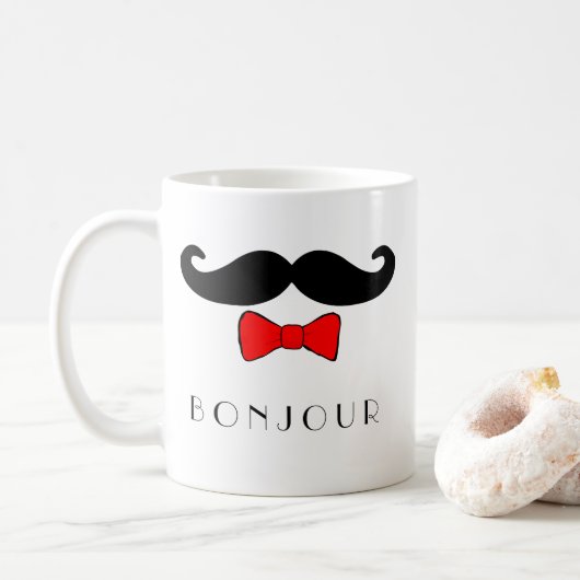 Bonjourの髭および赤いBowtie コーヒーマグカップ (ドーナツ)