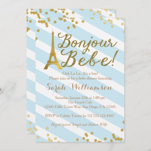 Bonjour Bebeの男の子のフランスのなベビーシャワーの招待状 招待状 (正面/裏面)