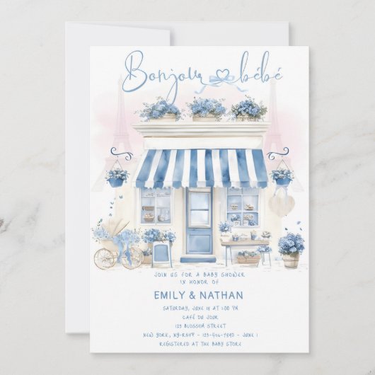 Bonjour Bebe bow Parisian café pink eiffel tower 招待状 (正面)