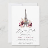 Bonjour Bébé Burgundy Floral Paris Baby Shower 招待状 (正面)