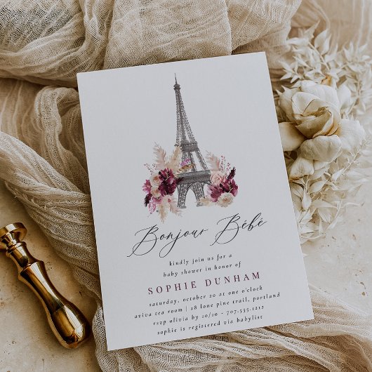 Bonjour Bébé Burgundy Floral Paris Baby Shower 招待状