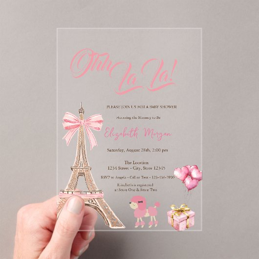 Bonjour Bébé Eiffel Tower Bow Striped Baby Shower アクリル招待状 (インサイチュ (ポータブル))