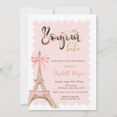 Bonjour Bébé Eiffel Tower Bow Striped Baby Shower 招待状 (正面)