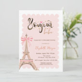 Bonjour Bébé Eiffel Tower Bow Striped Baby Shower 招待状 (スタンド正面)