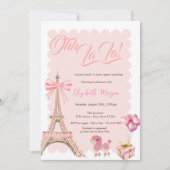 Bonjour Bébé Eiffel Tower Bow Striped Baby Shower 招待状 (正面)