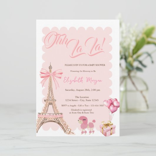 Bonjour Bébé Eiffel Tower Bow Striped Baby Shower 招待状 (スタンド正面)