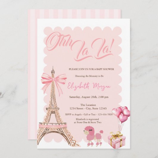 Bonjour Bébé Eiffel Tower Bow Striped Baby Shower 招待状 (正面/裏面)