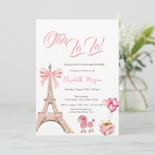 Bonjour Bébé Eiffel Tower Pink Bow Present Poodle 招待状 (スタンド正面)