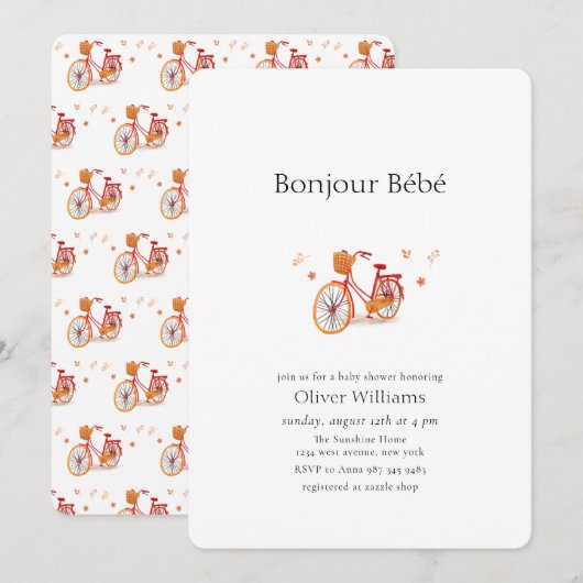 Bonjour Bébé Fall Leaves Bicycle Baby shower 招待状 (正面/裏面)