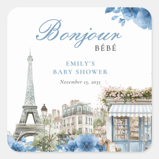 Bonjour Bebe French Blue Baby Shower スクエアシール (正面)