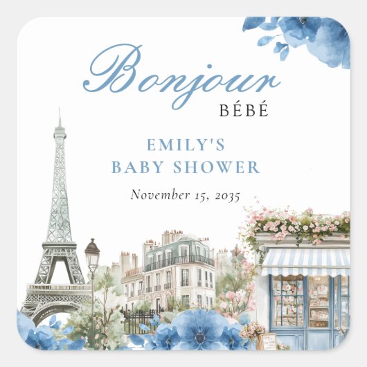 Bonjour Bebe French Blue Baby Shower スクエアシール (正面)