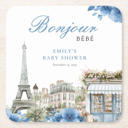 Bonjour Bebe French Blue Baby Shower スクエアペーパーコースター (正面)