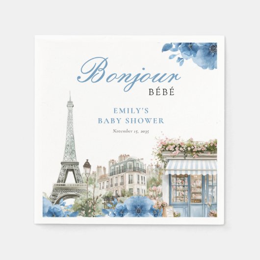 Bonjour Bebe French Blue Baby Shower スタンダードカクテルナプキン (正面)