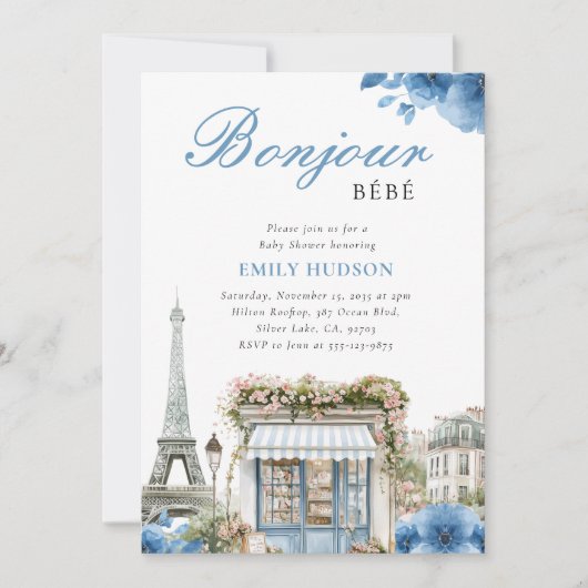 Bonjour Bebe French Blue Baby Shower Invitation 招待状 (正面)