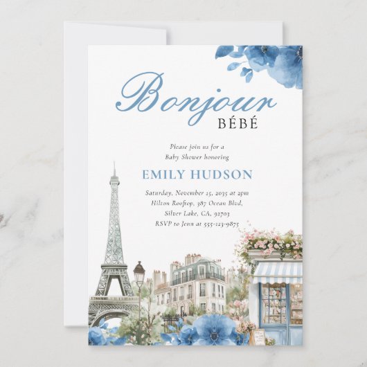 Bonjour Bebe French Blue Baby Shower Invitation 招待状 (正面)