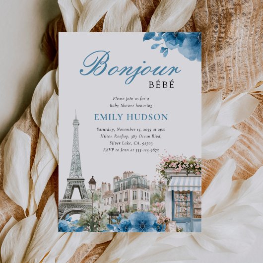 Bonjour Bebe French Blue Baby Shower Invitation 招待状