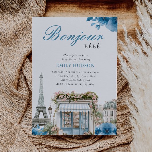 Bonjour Bebe French Blue Baby Shower Invitation 招待状