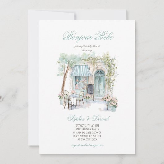 Bonjour Bebe French Floral Caffe Baby Shower  招待状 (正面)