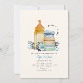 Bonjour Bébé Macarons Milk Floral Blue Baby Shower 招待状